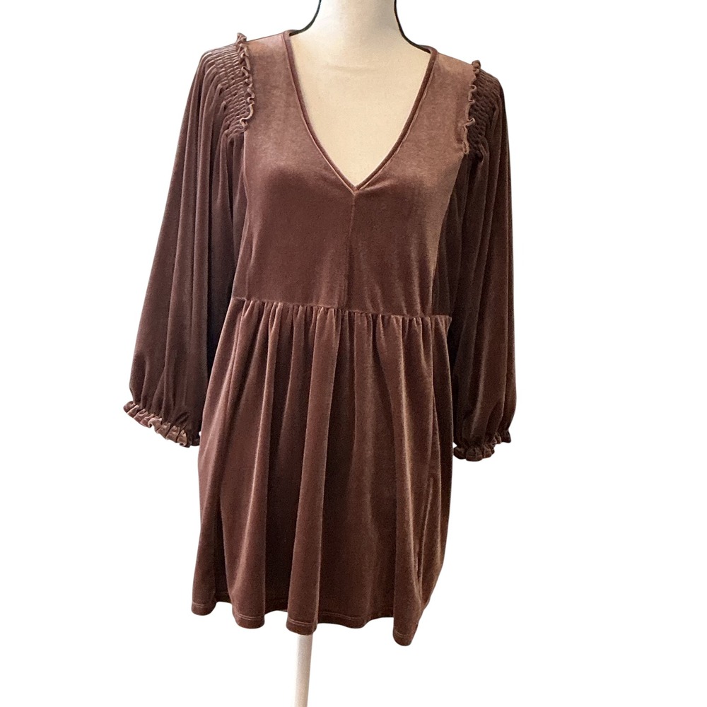 Umgee Brown Velvet Babydoll Mini Dress V-Neck Smocked Pockets XL WA0325 - Picture 3 of 14